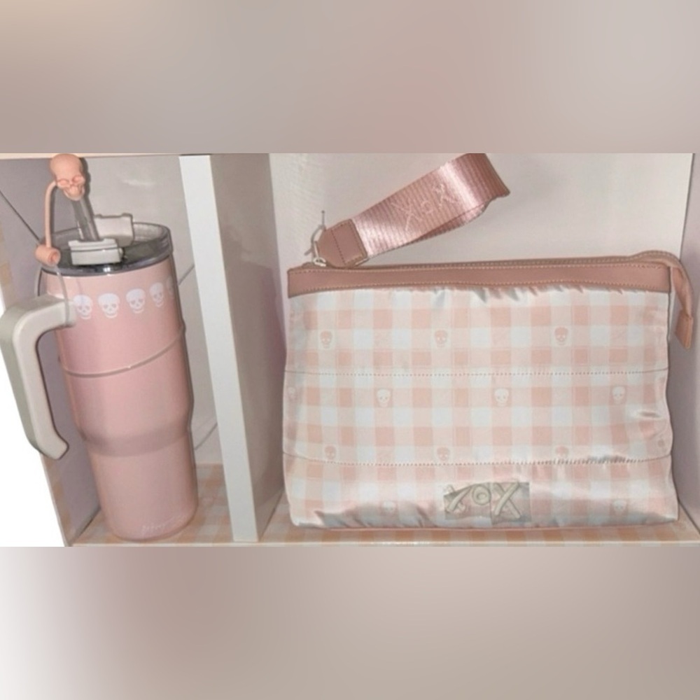BETSEY JOHNSON PEACH & WHITE CHECKERED SKULL LUNCH BAG & SKULL TUMBLER SET NWT - Picture 10 of 12